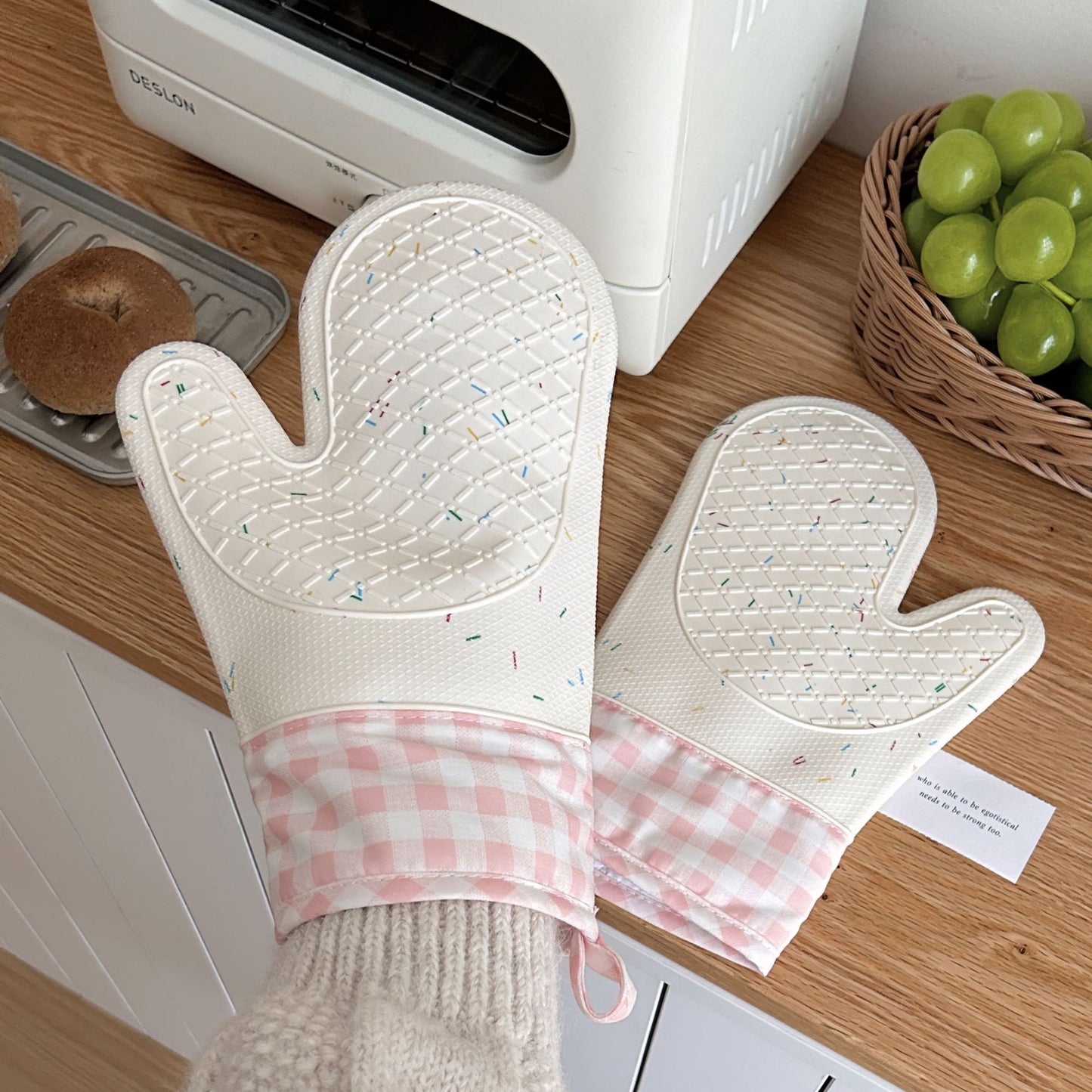 pink silicone oven mitts