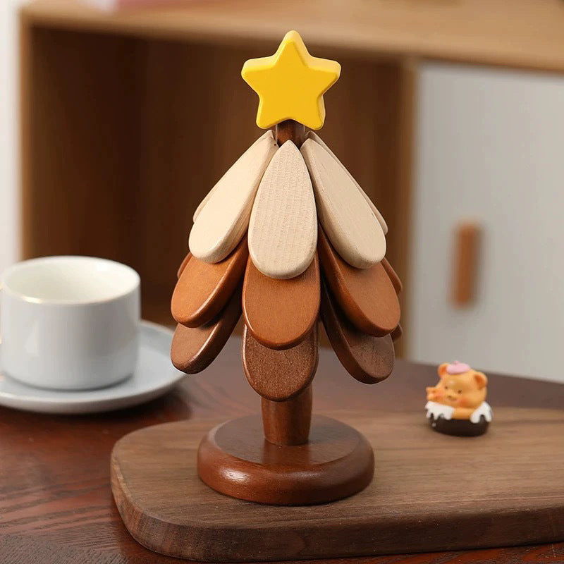 Christmas Tree Coaster Set, Wooden Tree Coaster, Wooden Tree Foot Mat Set, Hot Dish Wood Foot Mat, Hot Pot and Pan Insulation Skids Wooden Table Decoration Home (Star)